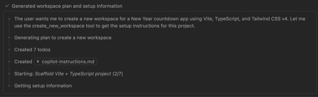 Screenshot of a conversation with Copilot Chat in Visual Studio Code. Copilot has identified that the user wants to create a new workspace for a New Year countdown app using Vite, TypeScript and Tailwind CSS v4. It's going to to use the create_new_workspace tool to create the new workspace.