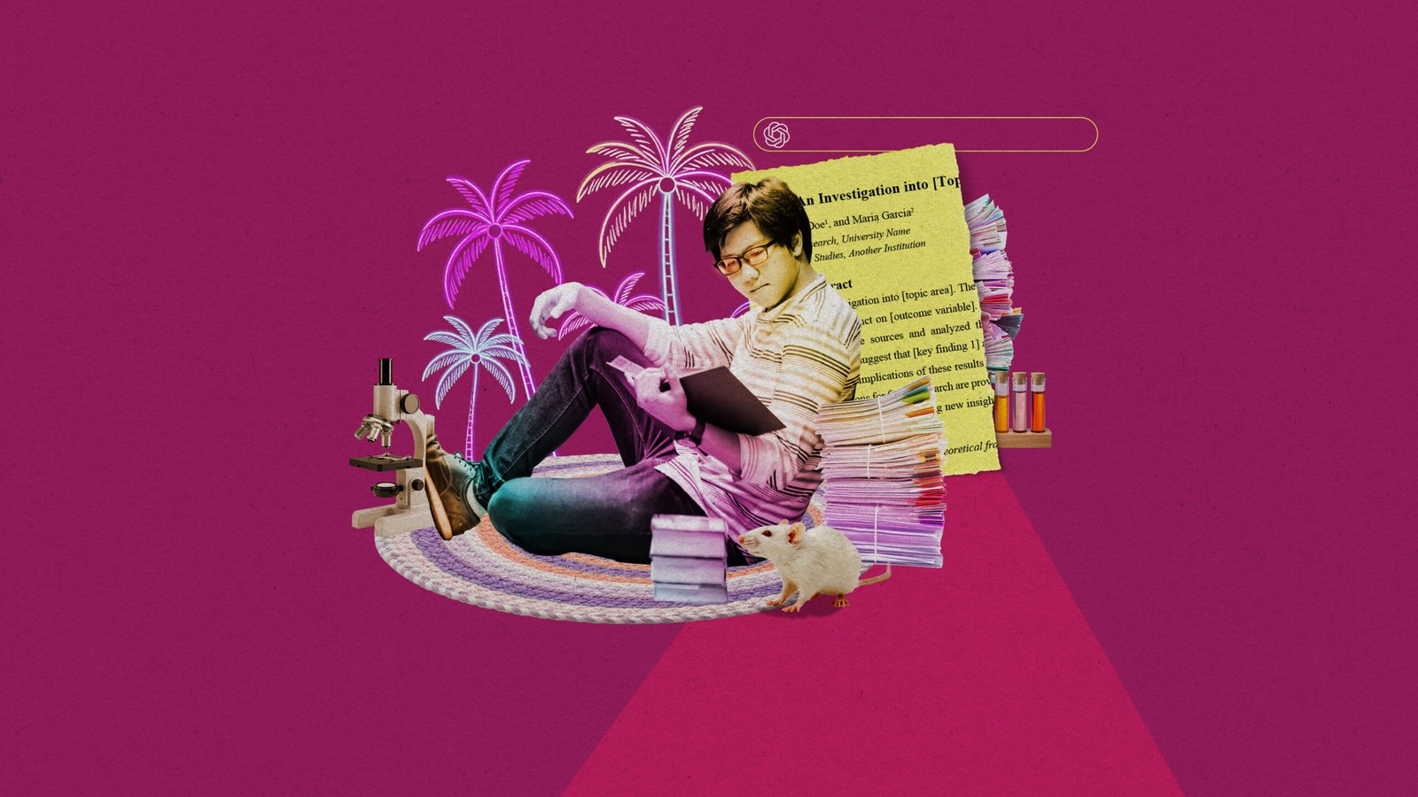 a researcher sitting on a braided rug reads a book in the midst of stacks of papers, lab equipment and a fragment of a research paper with an OpenAI chat window above it.