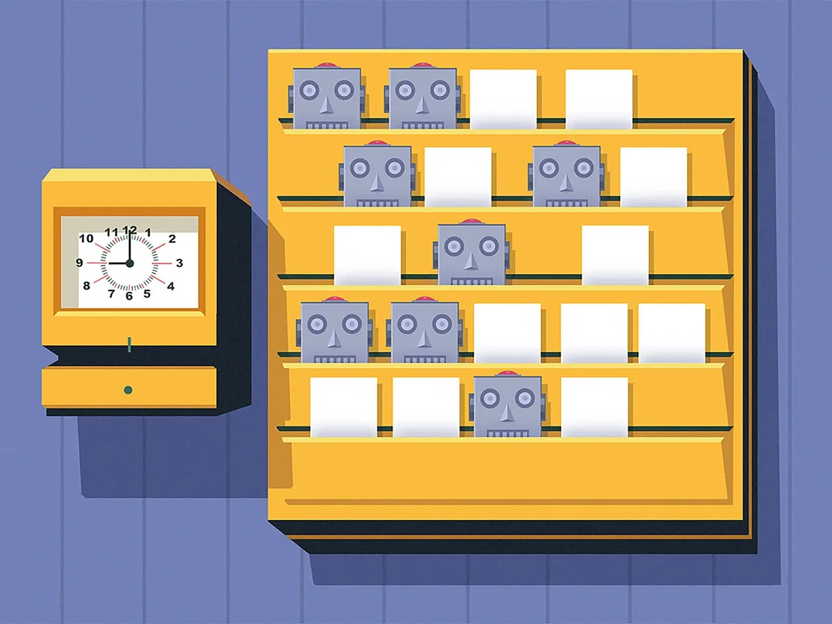 Illustration of punch cards, with some shaped like chatbot faces, on a wall next to a time clock.