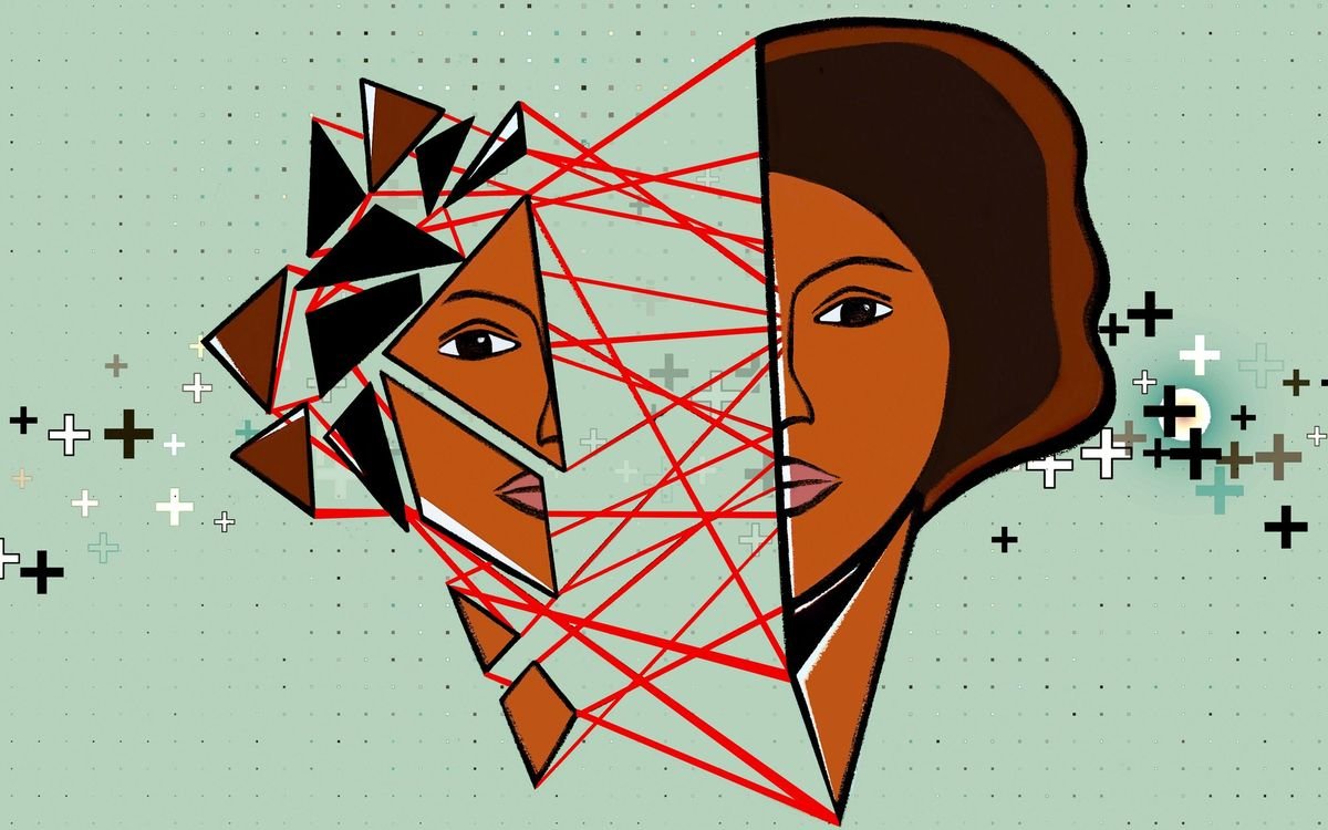 Illustration of a woman’s face, where one half is intact and the other is segmented into several triangular pieces. A web of red lines connects the fragments back to the whole side of the face.