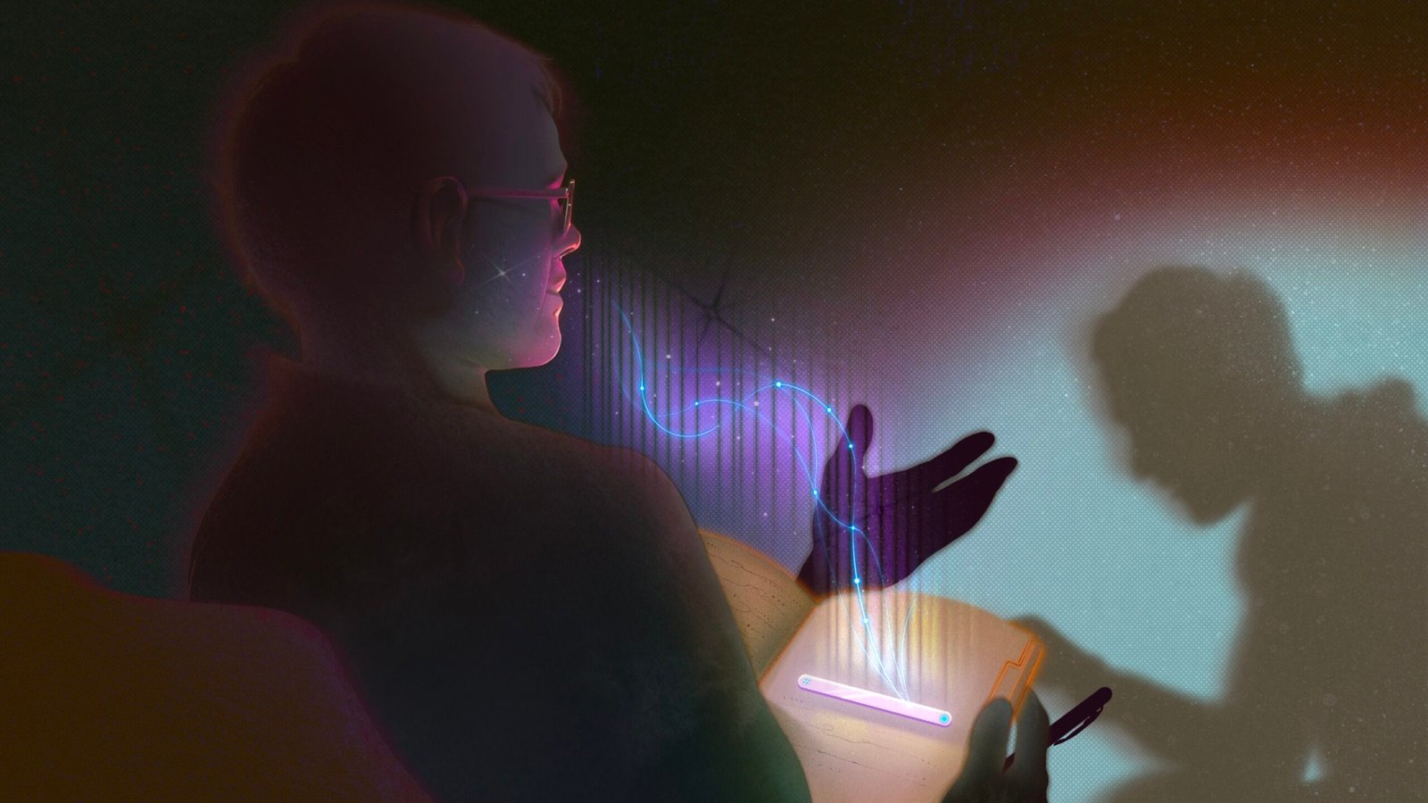 View over the shoulder of a therapist in session with a patient whose notes are glowing with an ai chat prompt window