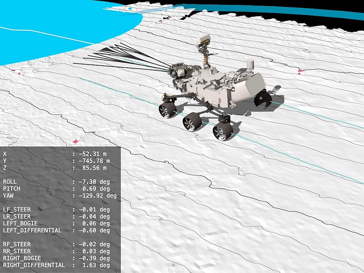 Still image from a 3D animation of NASA's Perseverance Rover driving over Mars' rough terrain.
