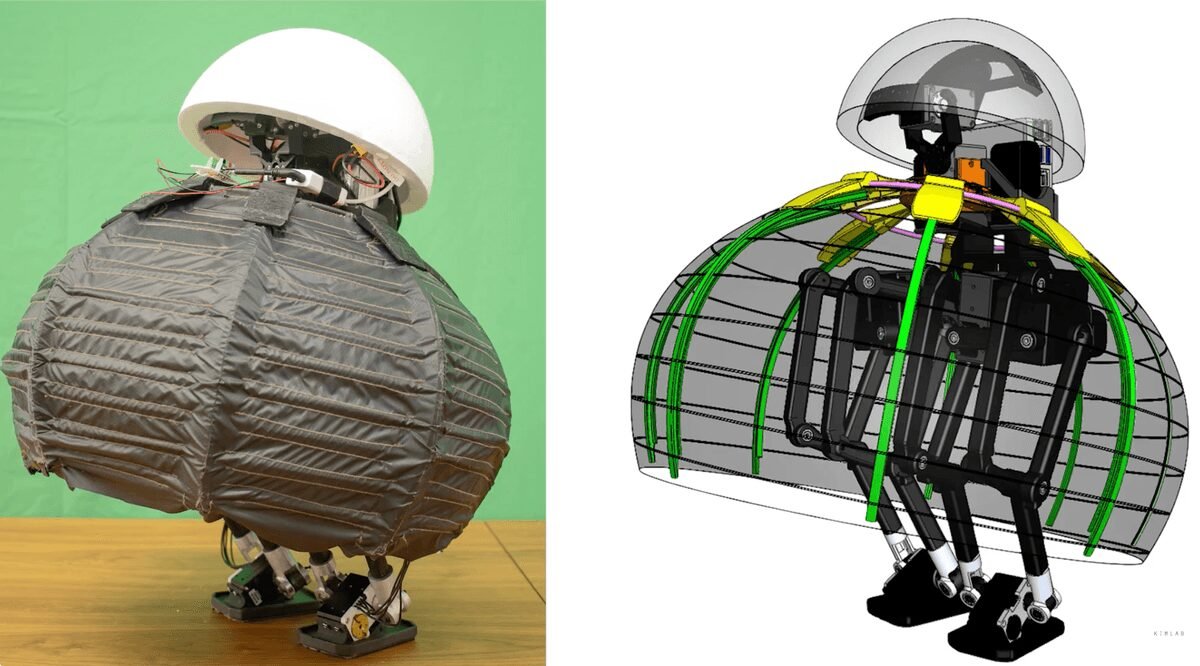 Prototype robot next to a digital model, both with rounded bodies and dome-shaped heads.