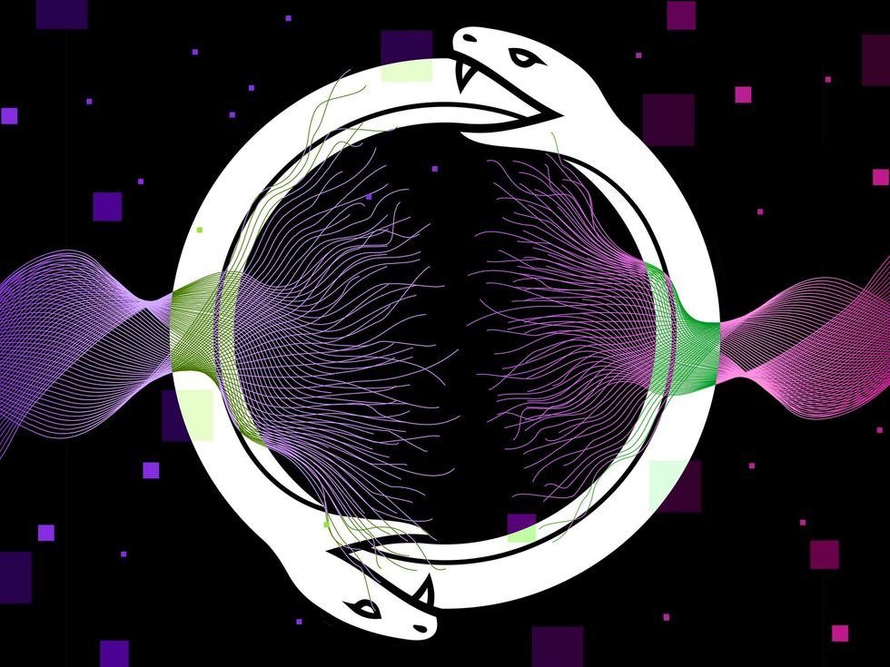 An ouroboros against an abstract wavy background. 