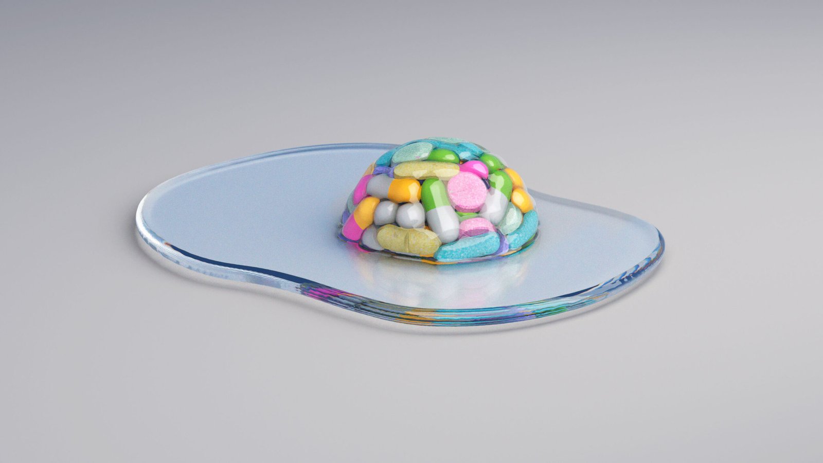 fried egg shape made of clear glass with a yolk of supplements