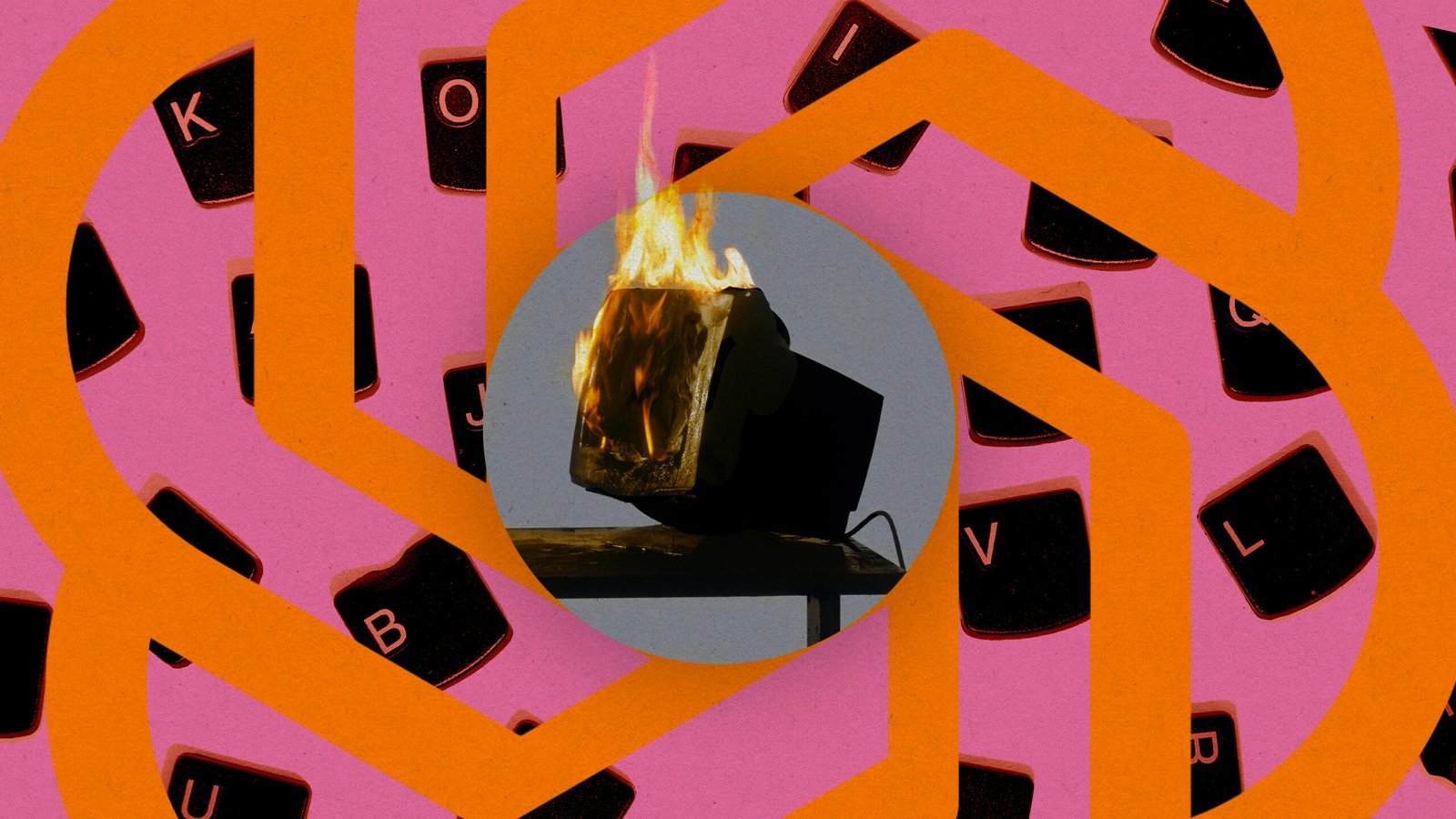 A photo illustration shows a computer on fire, atop the ChatGPT logo and isolated computer keys.