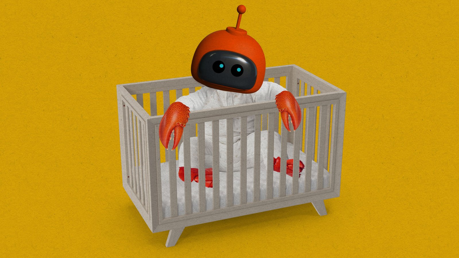an infant LLM agent with lobster claw hands in a playpen