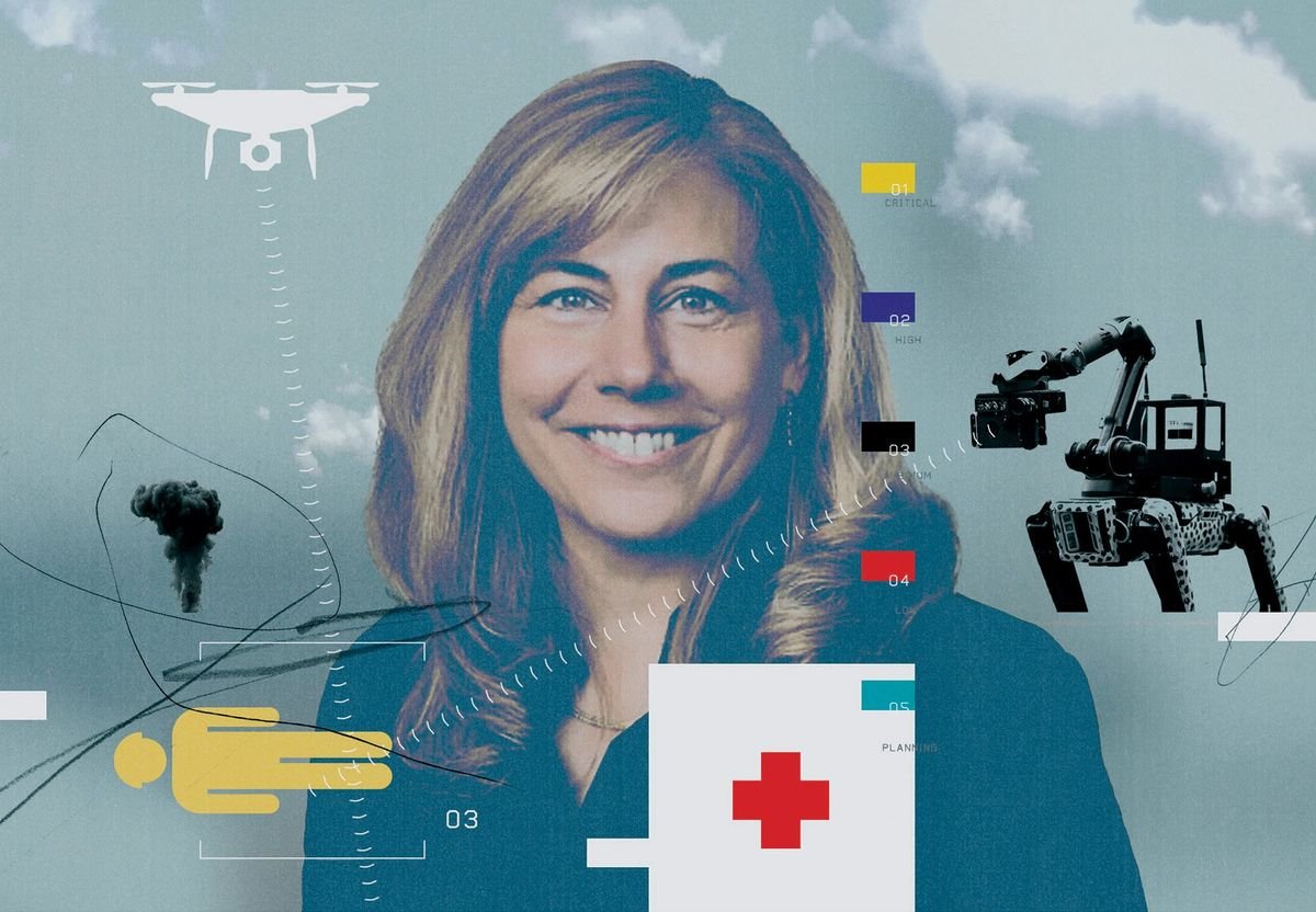 Aerial drone, robotic arm, explosion, and medical cross on abstract background.