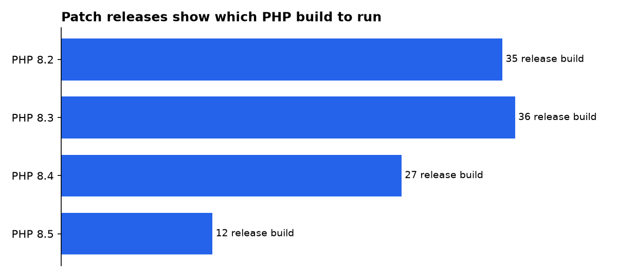 Patch releases show which PHP build to run: PHP 8.2, PHP 8.3, PHP 8.4, PHP 8.5