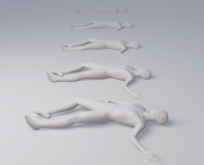 Abstract digital artwork showing a series of white figure poses lying down