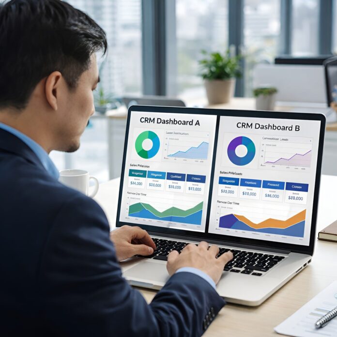 Man working on a laptop with CRM dashboards showing analytics and charts