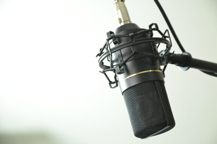 Close-up of a professional condenser microphone for voice recording